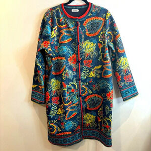 URSIME Sz 2XL Duster Unlined Abstract Floral Motif Buttons Closure Seam Pockets